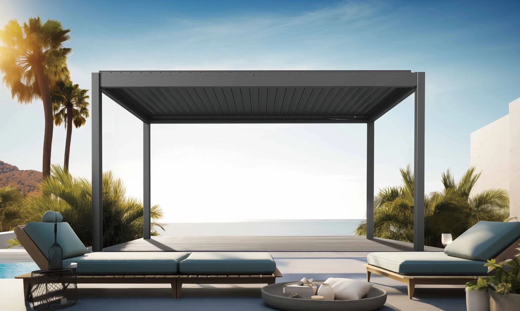 GR-9200A Starry Pergola 2.0 lifestyle – motoros pergola tengerparti teraszon